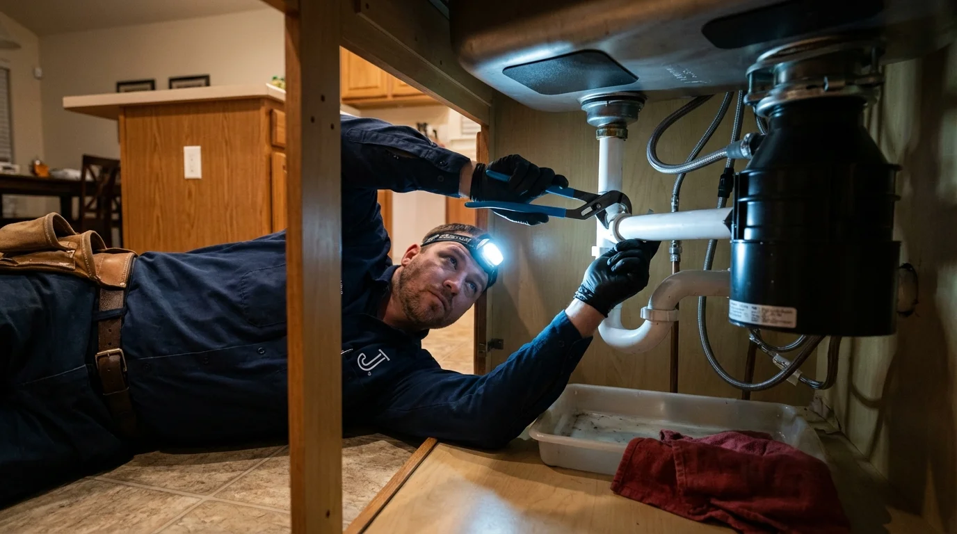 P-trap and supply line connections under a kitchen sink showing a common leak point in Bellwood, PA